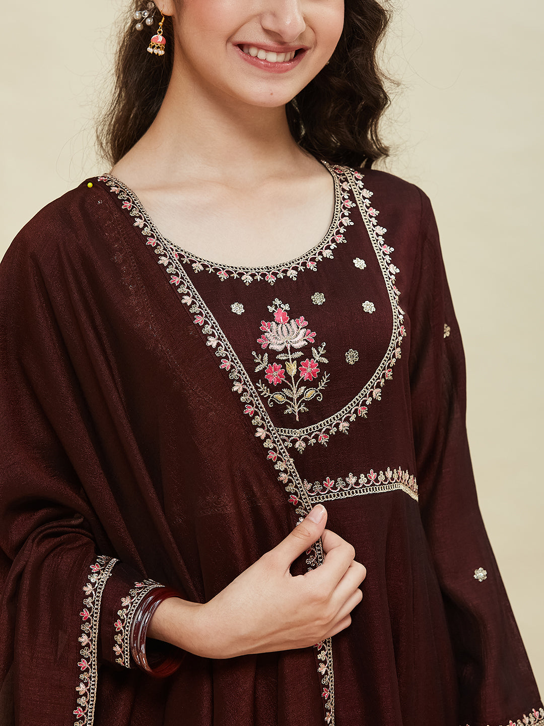 Girls Coffee Silk Blend Embroidered Anarkali Set with Dupatta