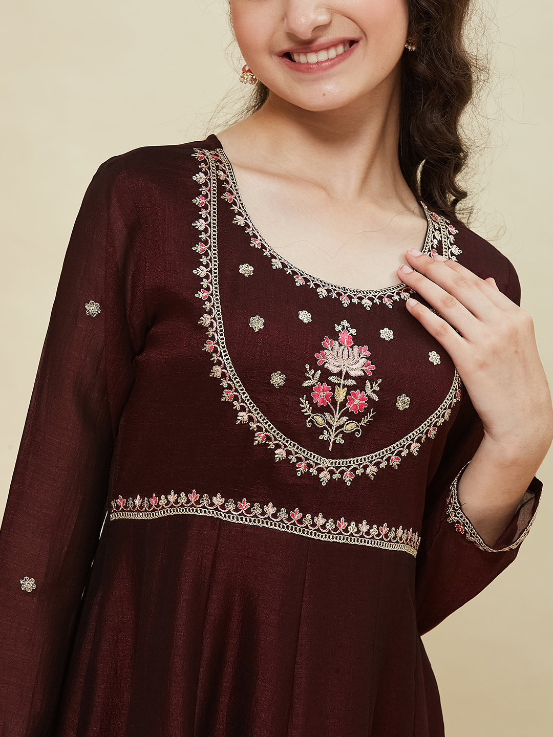 Girls Coffee Silk Blend Embroidered Anarkali Set with Dupatta