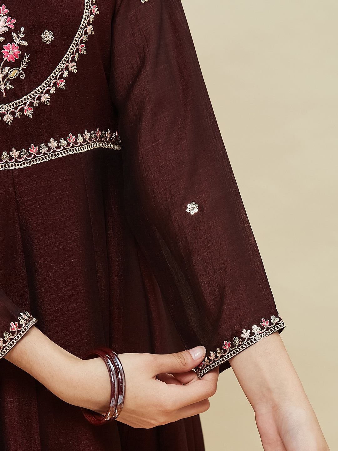Girls Coffee Silk Blend Embroidered Anarkali Set with Dupatta