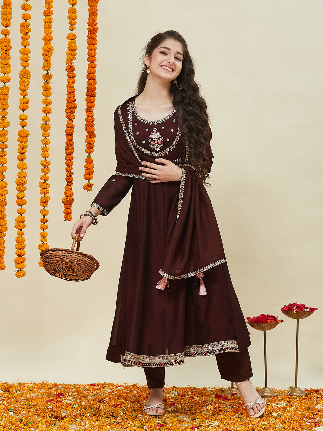 Girls Coffee Silk Blend Embroidered Anarkali Set with Dupatta