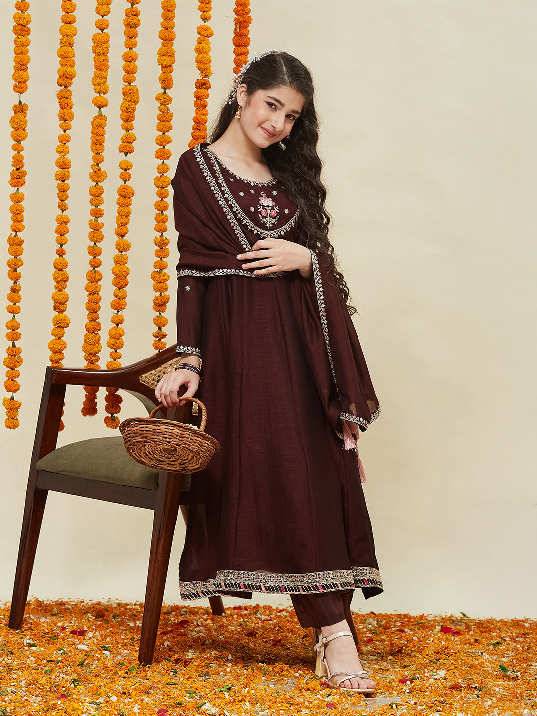 Girls Coffee Silk Blend Embroidered Anarkali Set with Dupatta