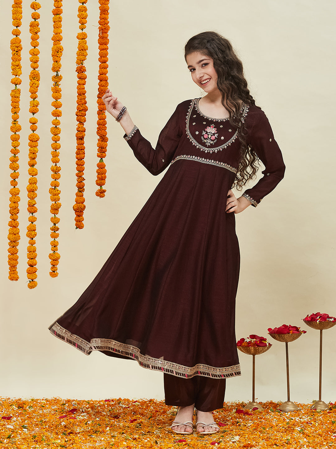 Girls Coffee Silk Blend Embroidered Anarkali Set with Dupatta