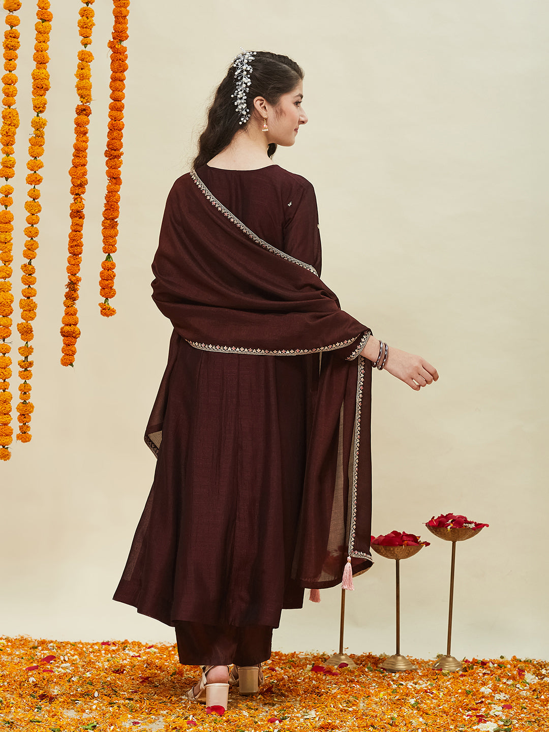 Girls Coffee Silk Blend Embroidered Anarkali Set with Dupatta