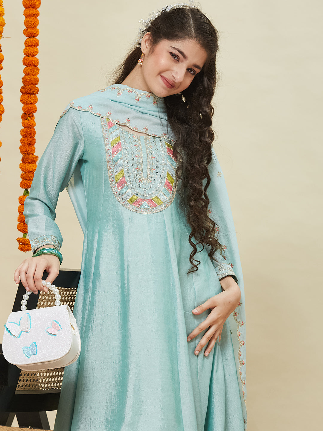 Sky Blue Silk Embroidered Anarkali Pant & Dupatta Set for Girls