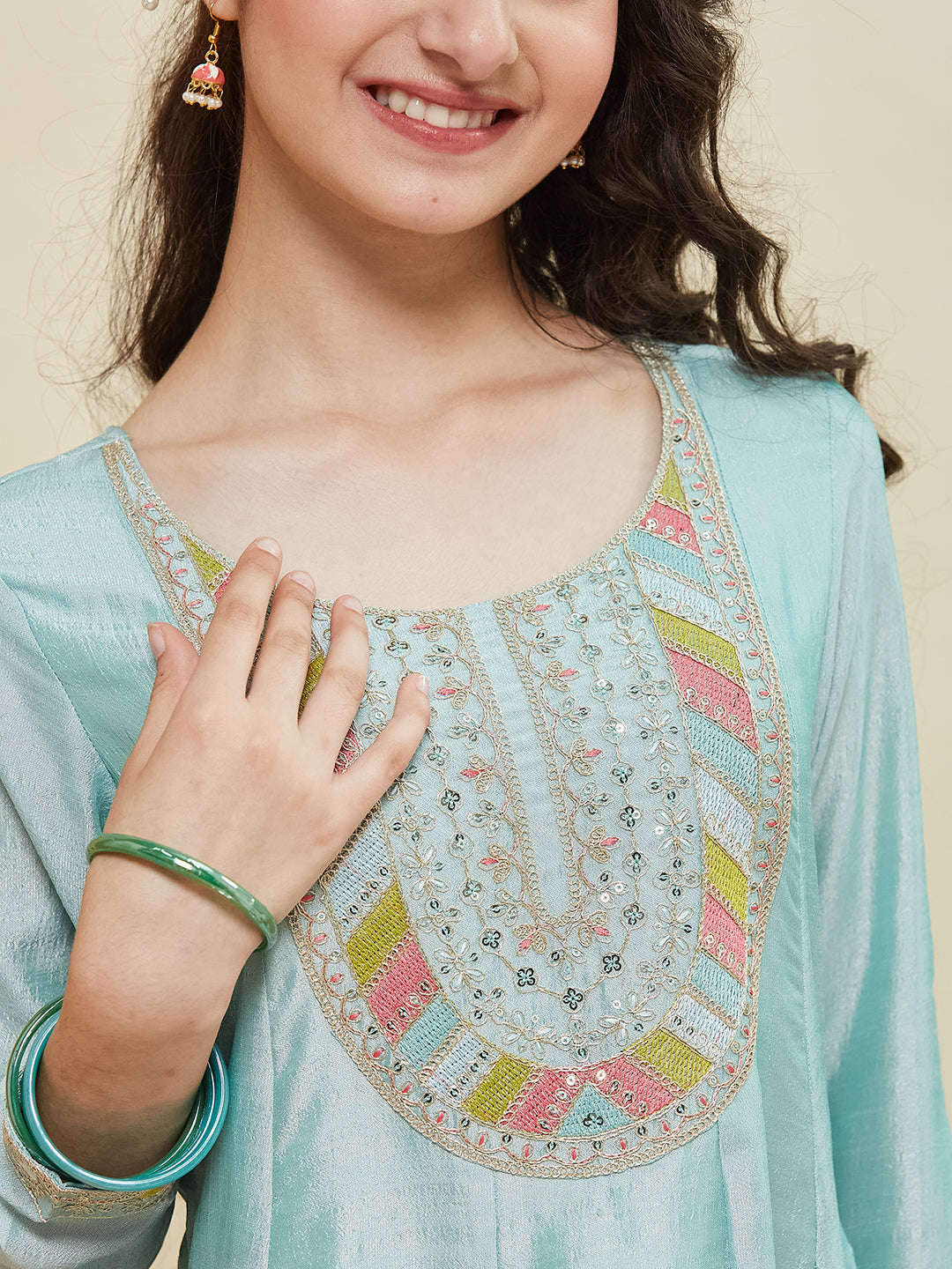 Sky Blue Silk Embroidered Anarkali Pant & Dupatta Set for Girls