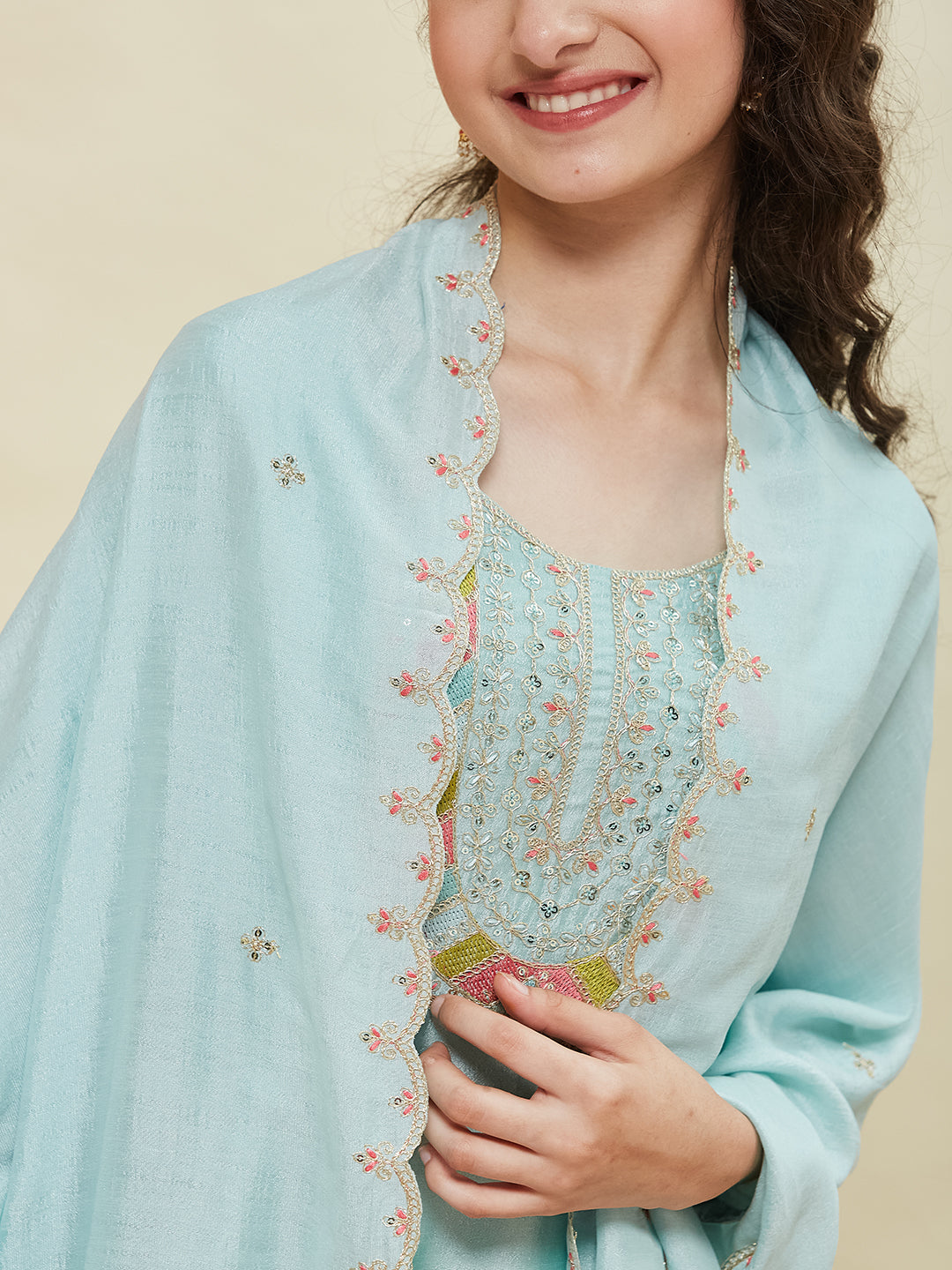 Sky Blue Silk Embroidered Anarkali Pant & Dupatta Set for Girls