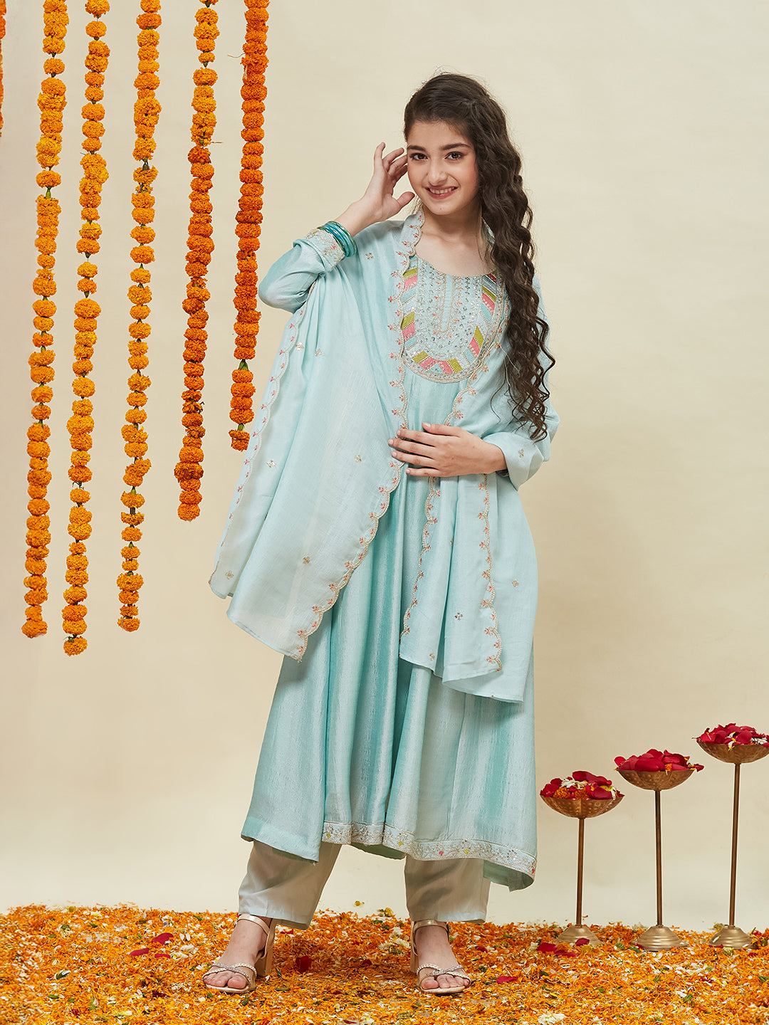 Sky Blue Silk Embroidered Anarkali Pant & Dupatta Set for Girls