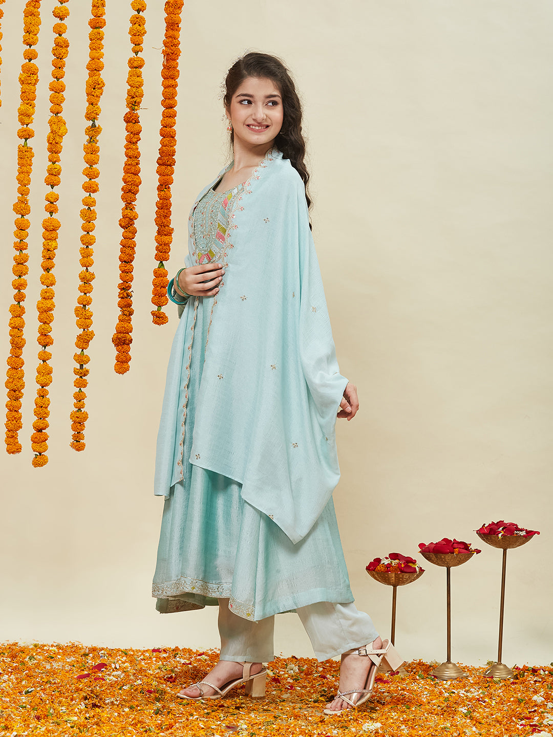 Sky Blue Silk Embroidered Anarkali Pant & Dupatta Set for Girls