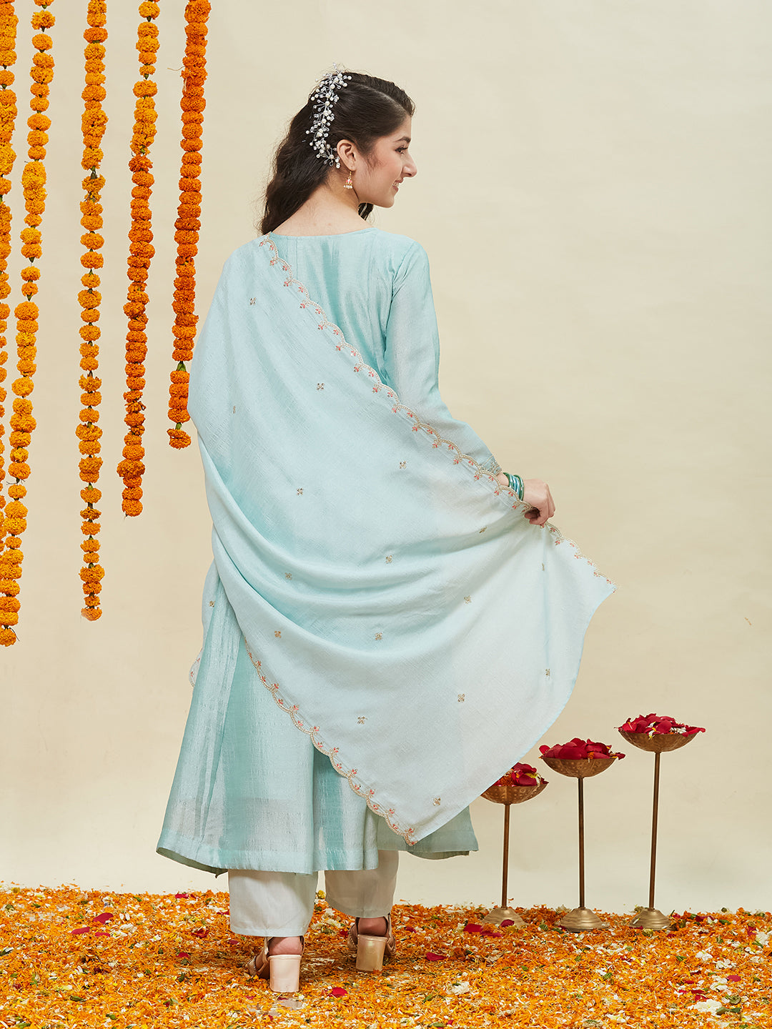 Sky Blue Silk Embroidered Anarkali Pant & Dupatta Set for Girls