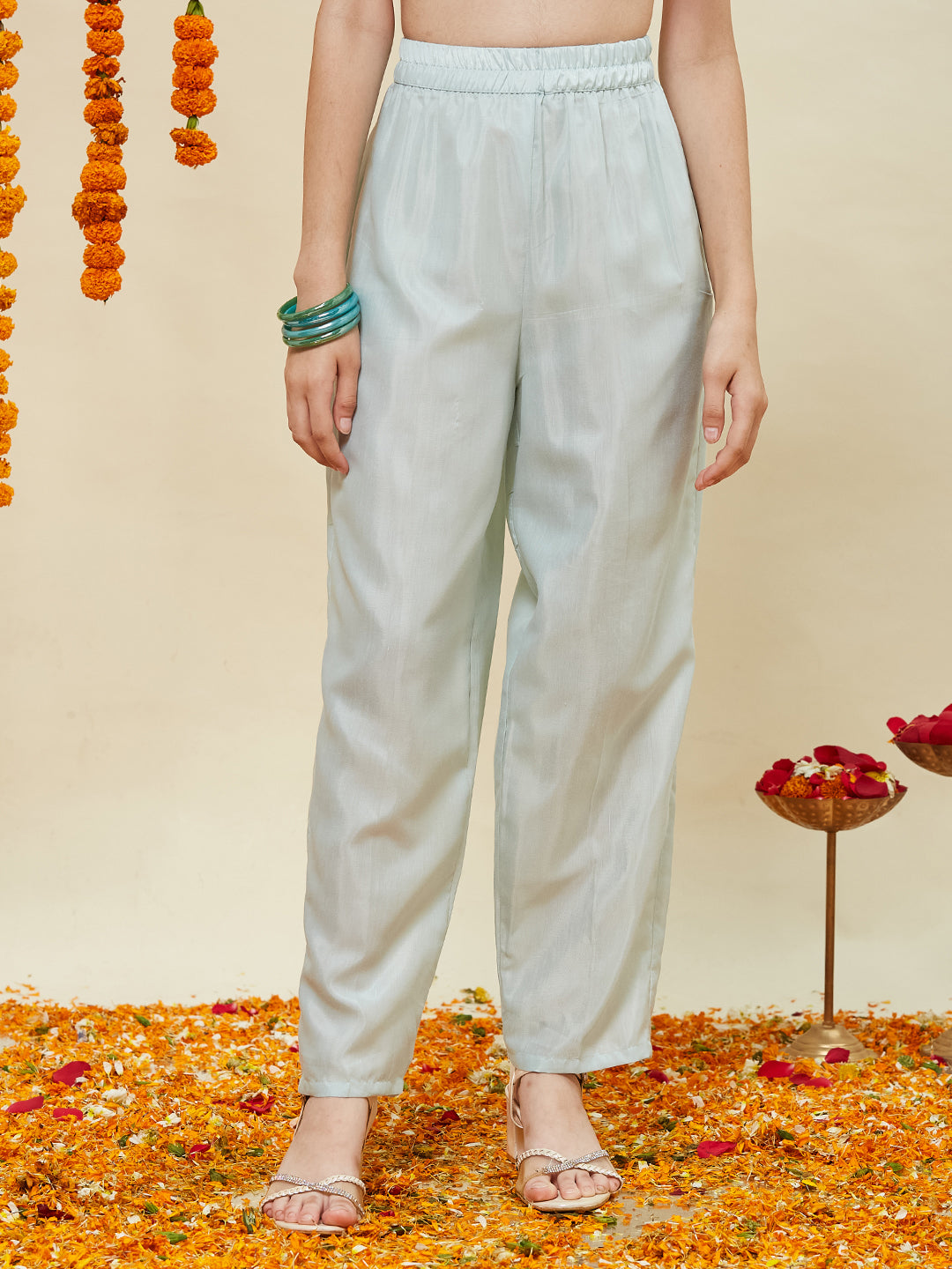 Sky Blue Silk Embroidered Anarkali Pant & Dupatta Set for Girls