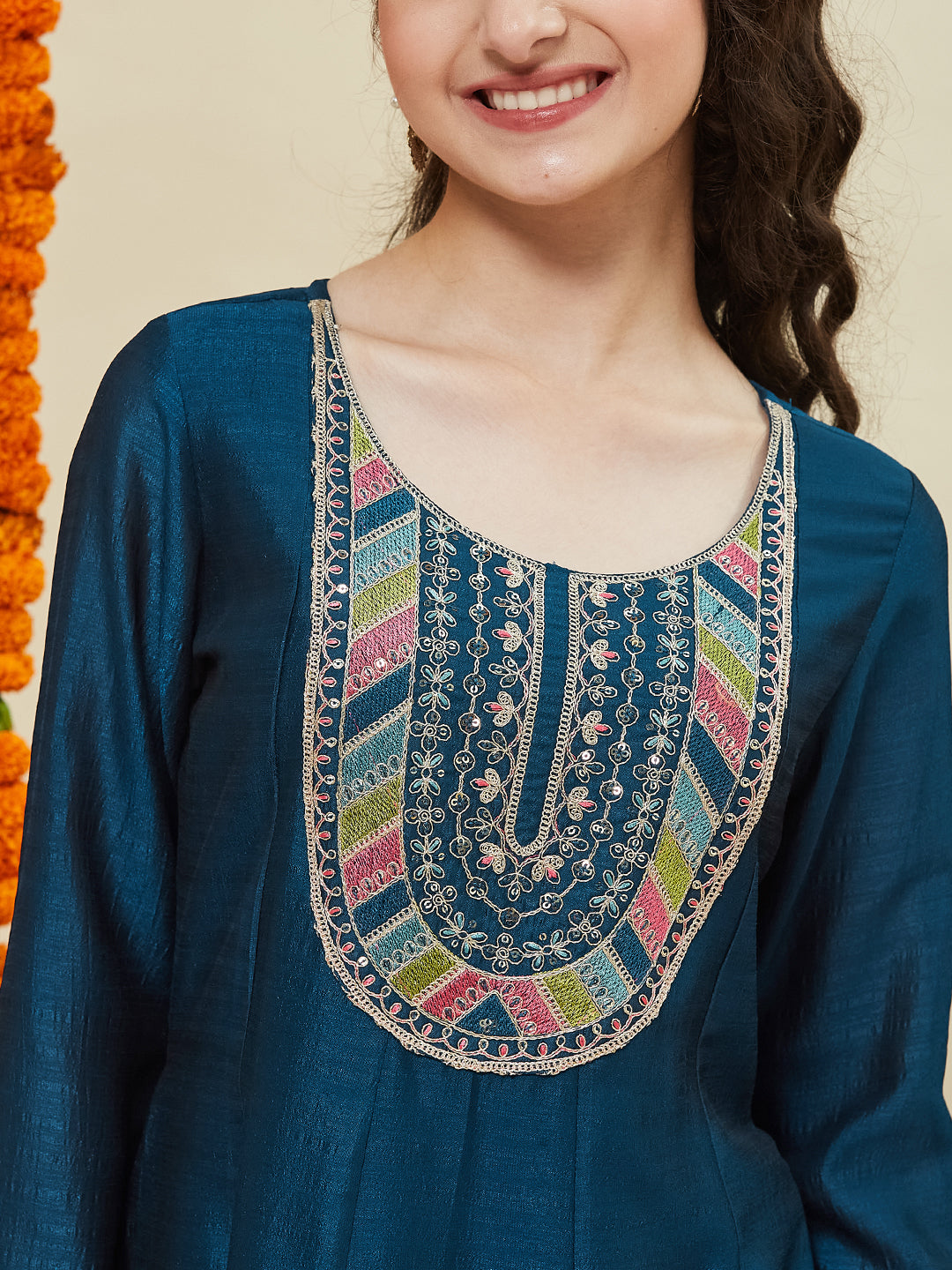Teal Blue Silk Embroidered Anarkali Pant & Dupatta Set for Girls