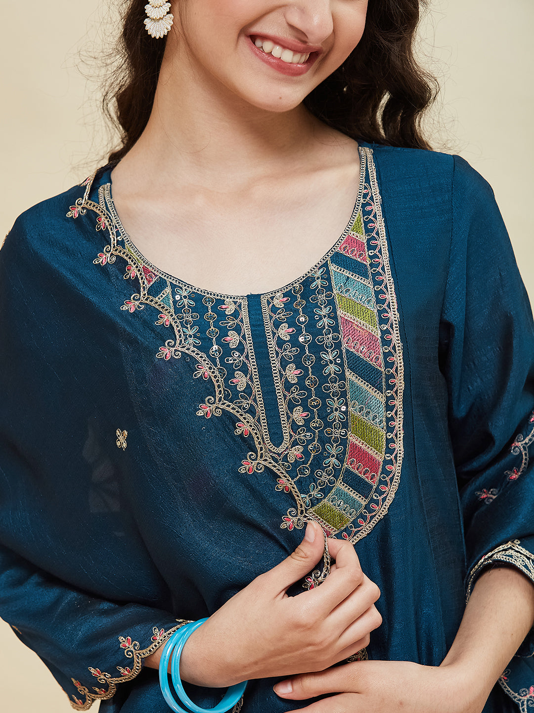 Teal Blue Silk Embroidered Anarkali Pant & Dupatta Set for Girls
