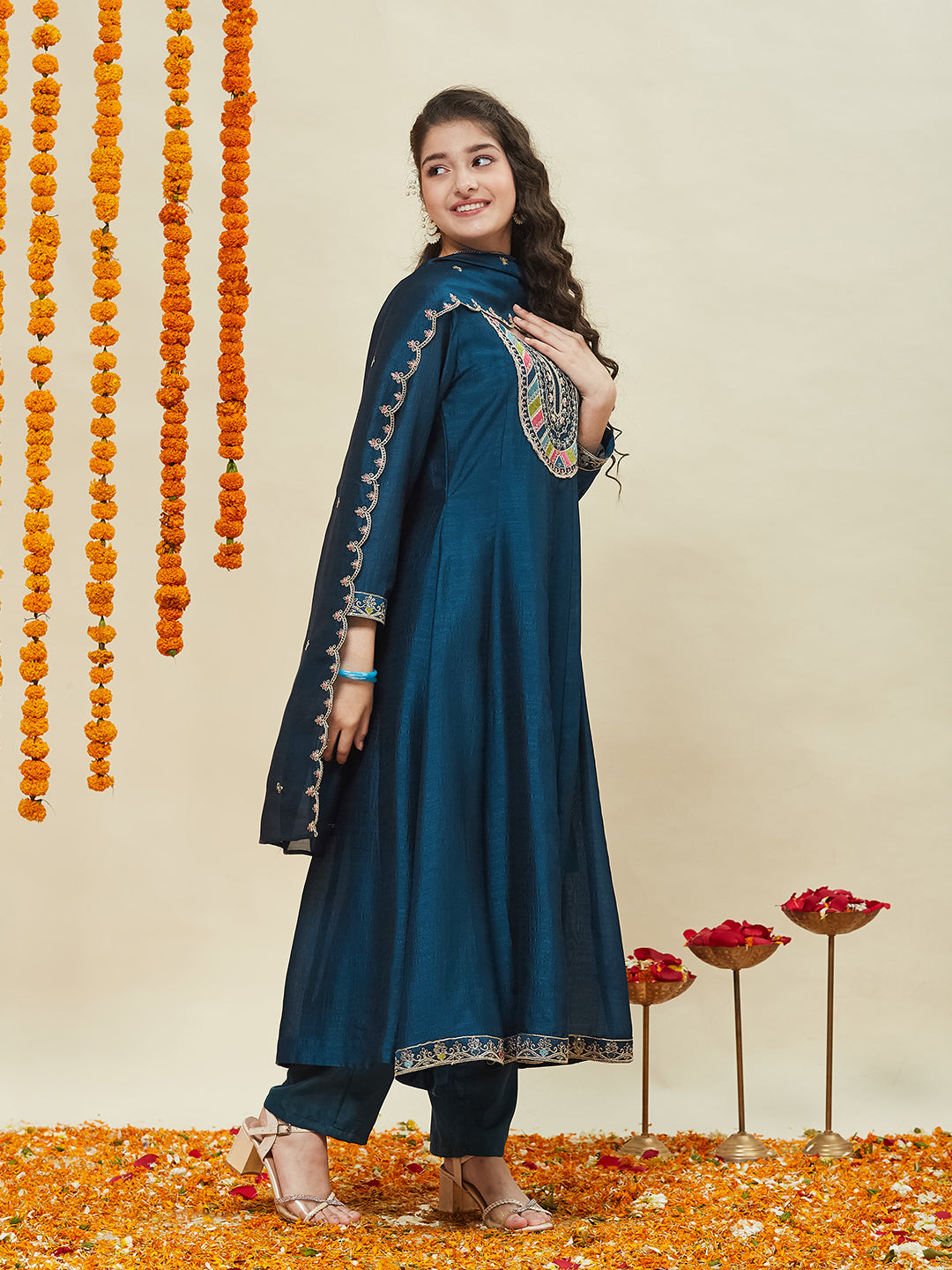 Teal Blue Silk Embroidered Anarkali Pant & Dupatta Set for Girls
