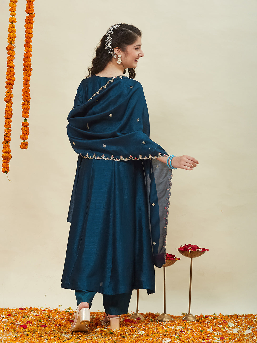 Teal Blue Silk Embroidered Anarkali Pant & Dupatta Set for Girls