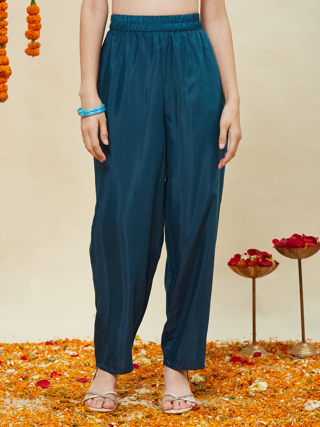 Teal Blue Silk Embroidered Anarkali Pant & Dupatta Set for Girls
