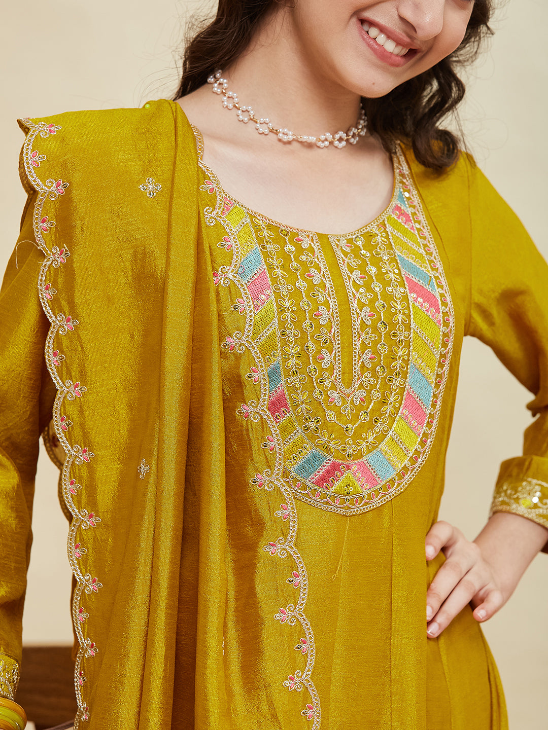 Mustard Silk Embroidered Anarkali Pant & Dupatta Set for Girls