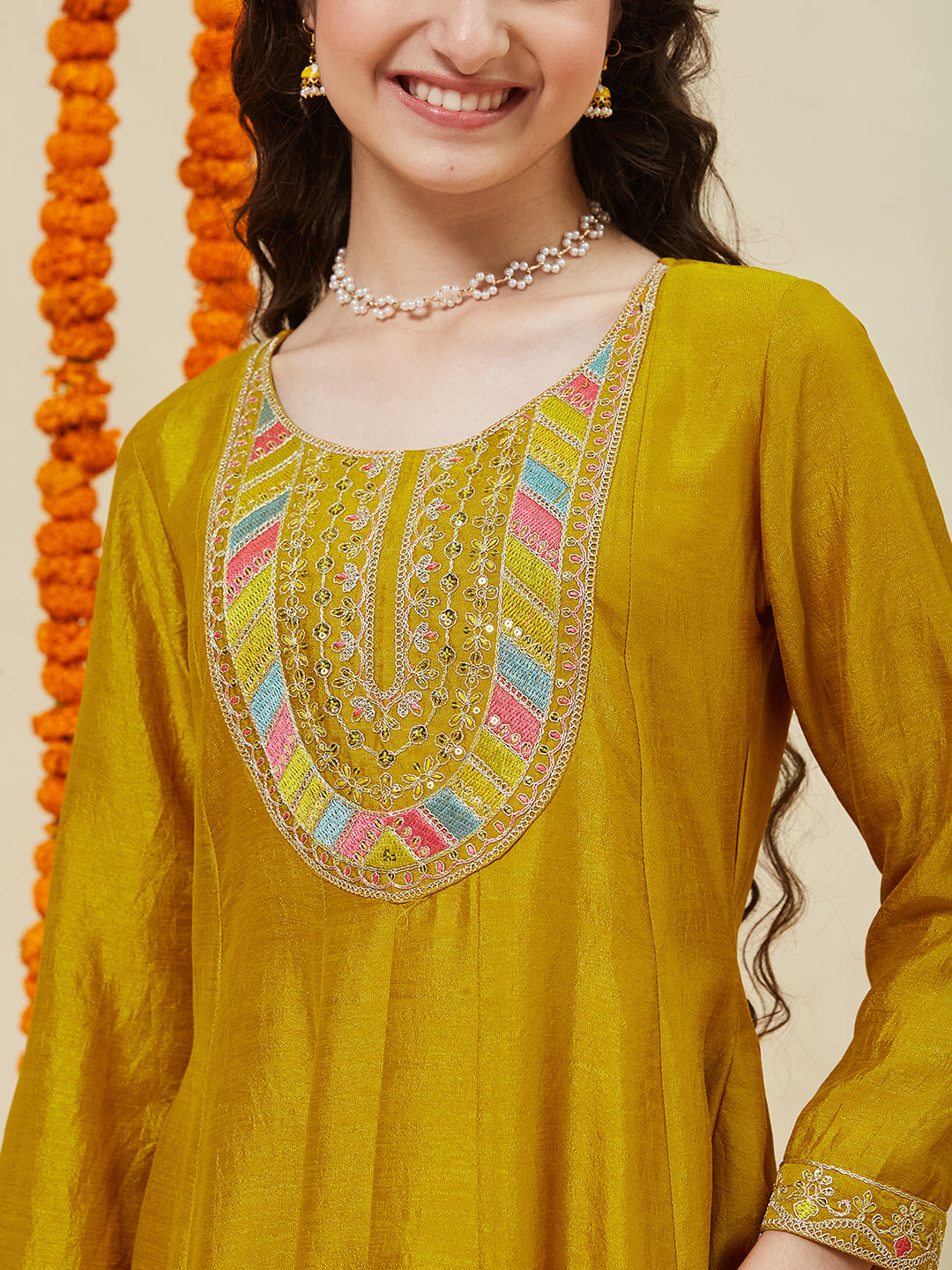 Mustard Silk Embroidered Anarkali Pant & Dupatta Set for Girls