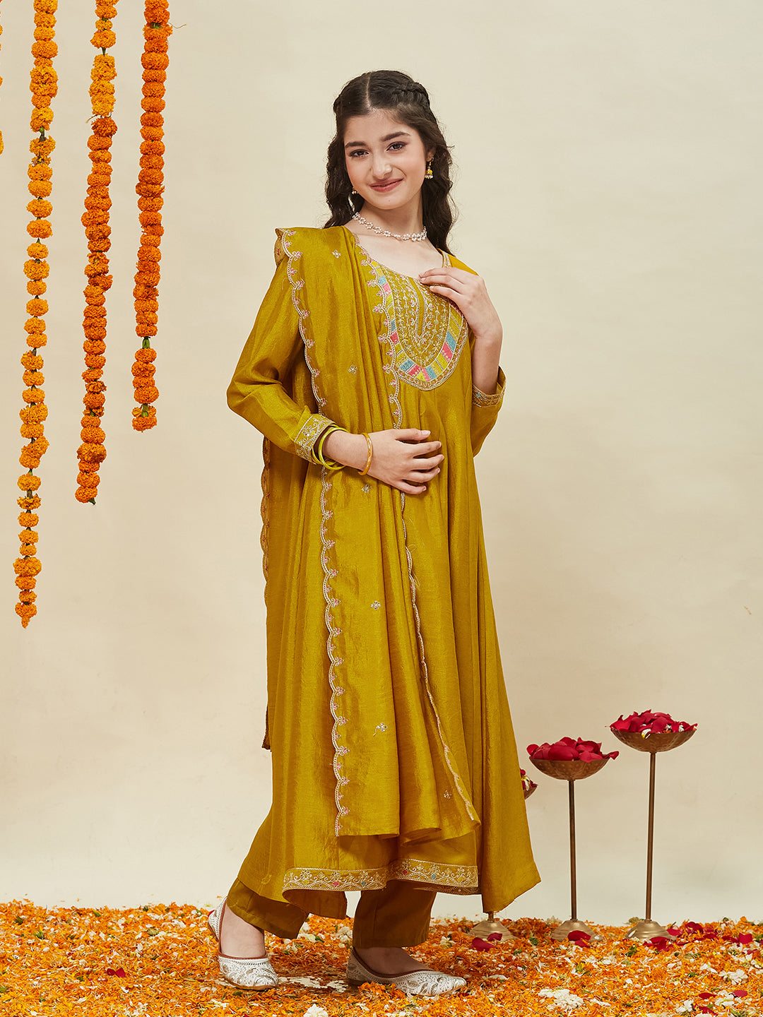 Mustard Silk Embroidered Anarkali Pant & Dupatta Set for Girls