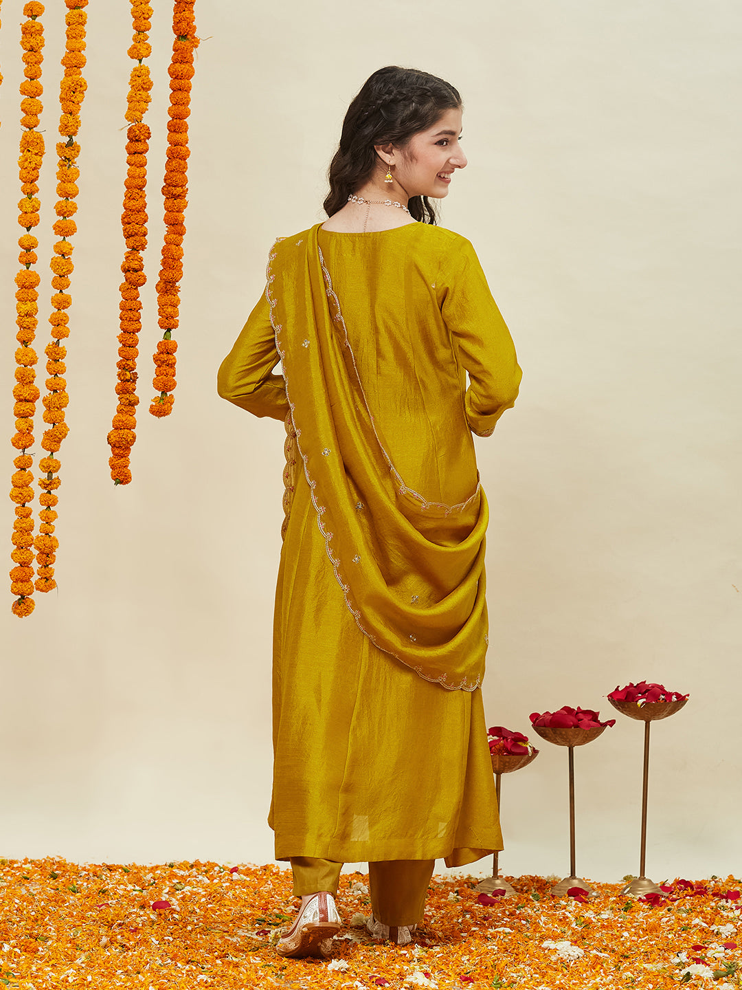 Mustard Silk Embroidered Anarkali Pant & Dupatta Set for Girls