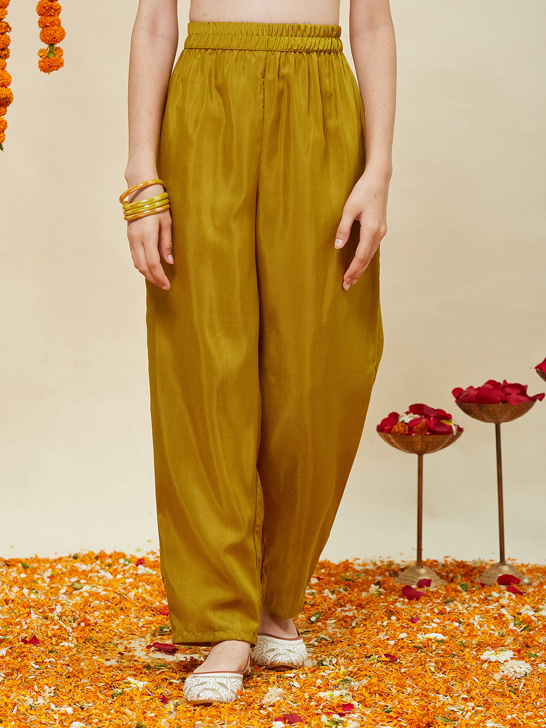 Mustard Silk Embroidered Anarkali Pant & Dupatta Set for Girls