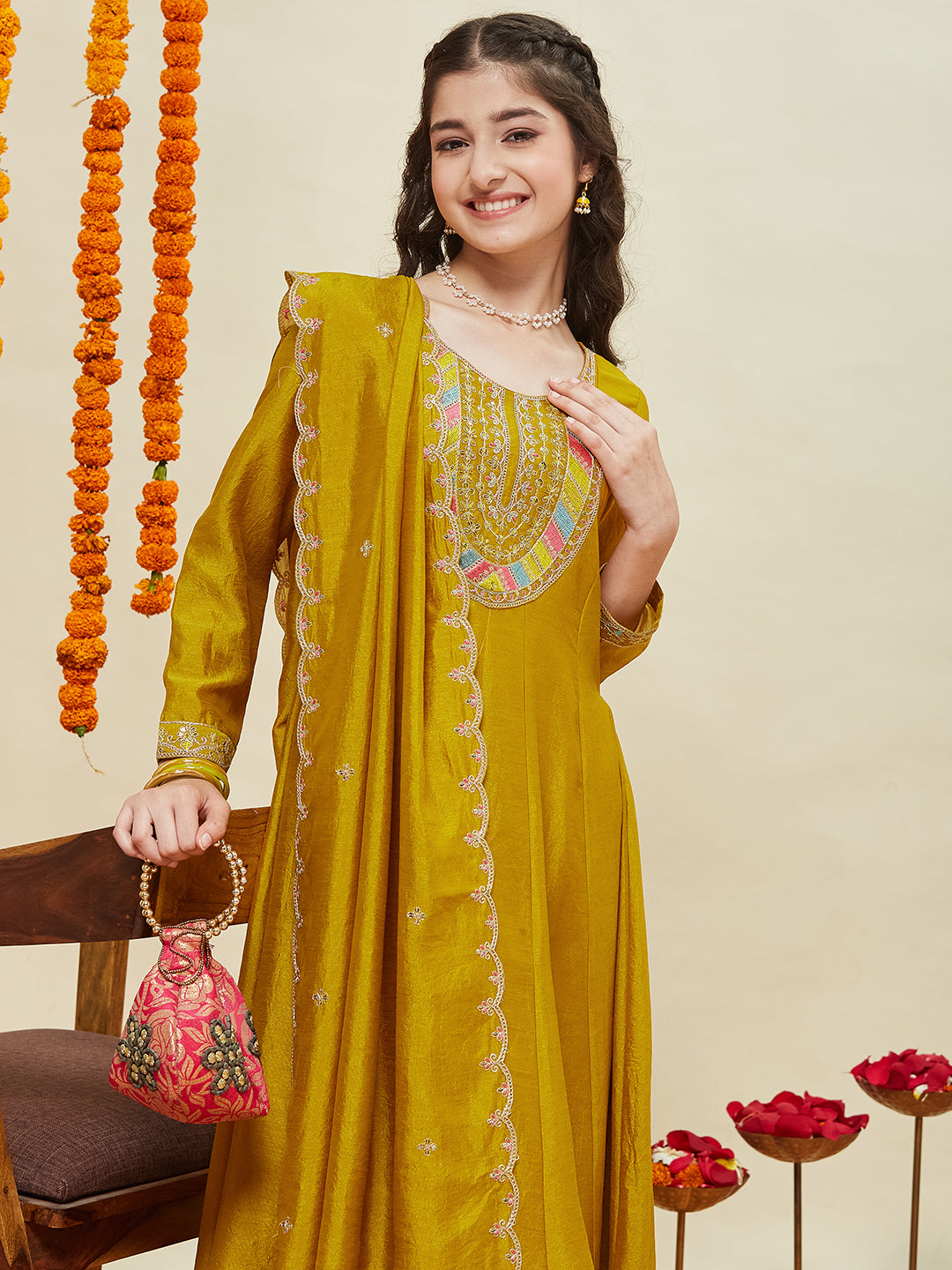 Mustard Silk Embroidered Anarkali Pant & Dupatta Set for Girls