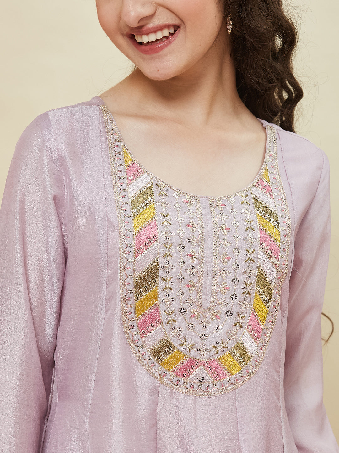 Lavender Silk Embroidered Anarkali Pant & Dupatta Set for Girls