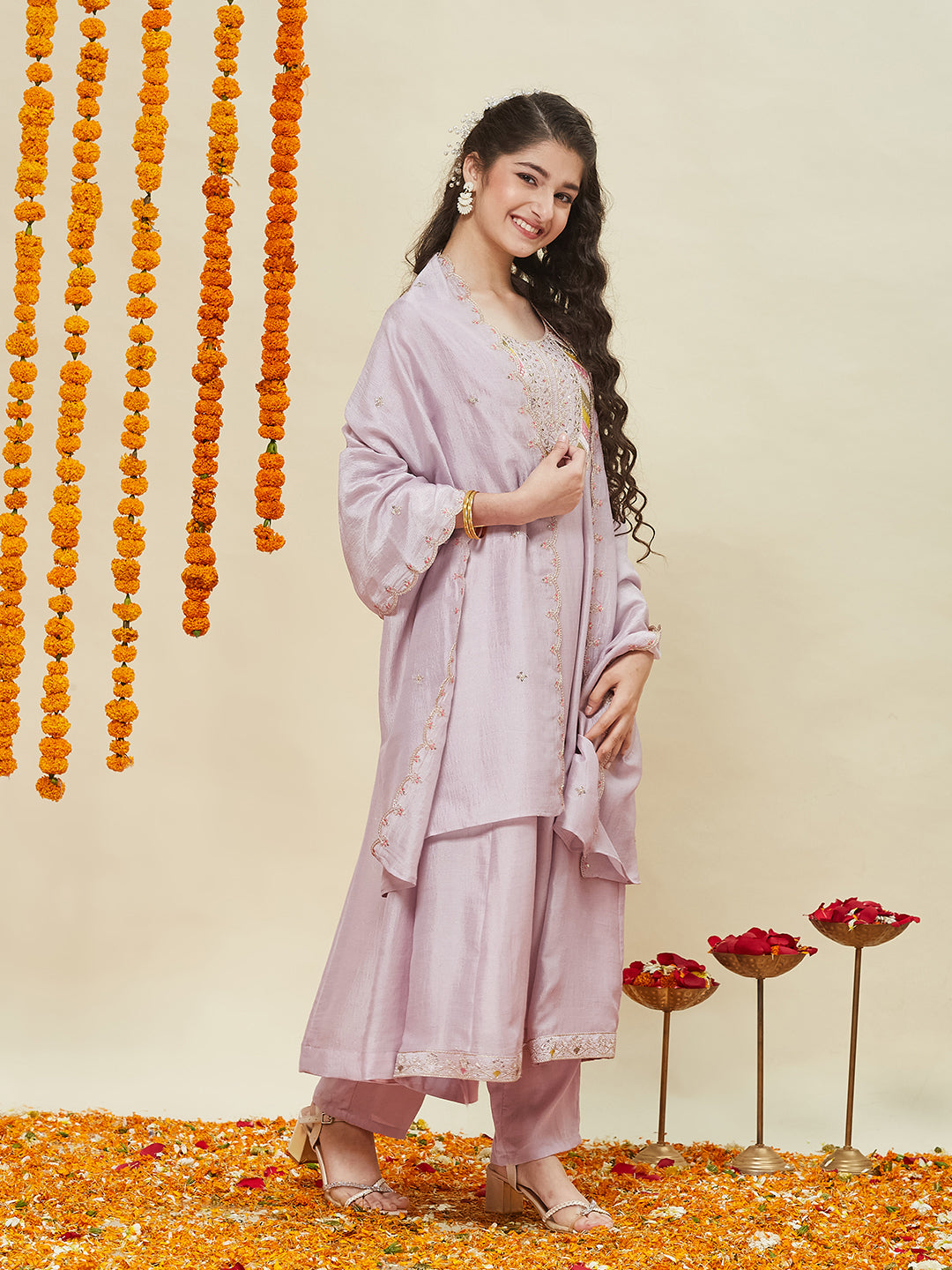 Lavender Silk Embroidered Anarkali Pant & Dupatta Set for Girls