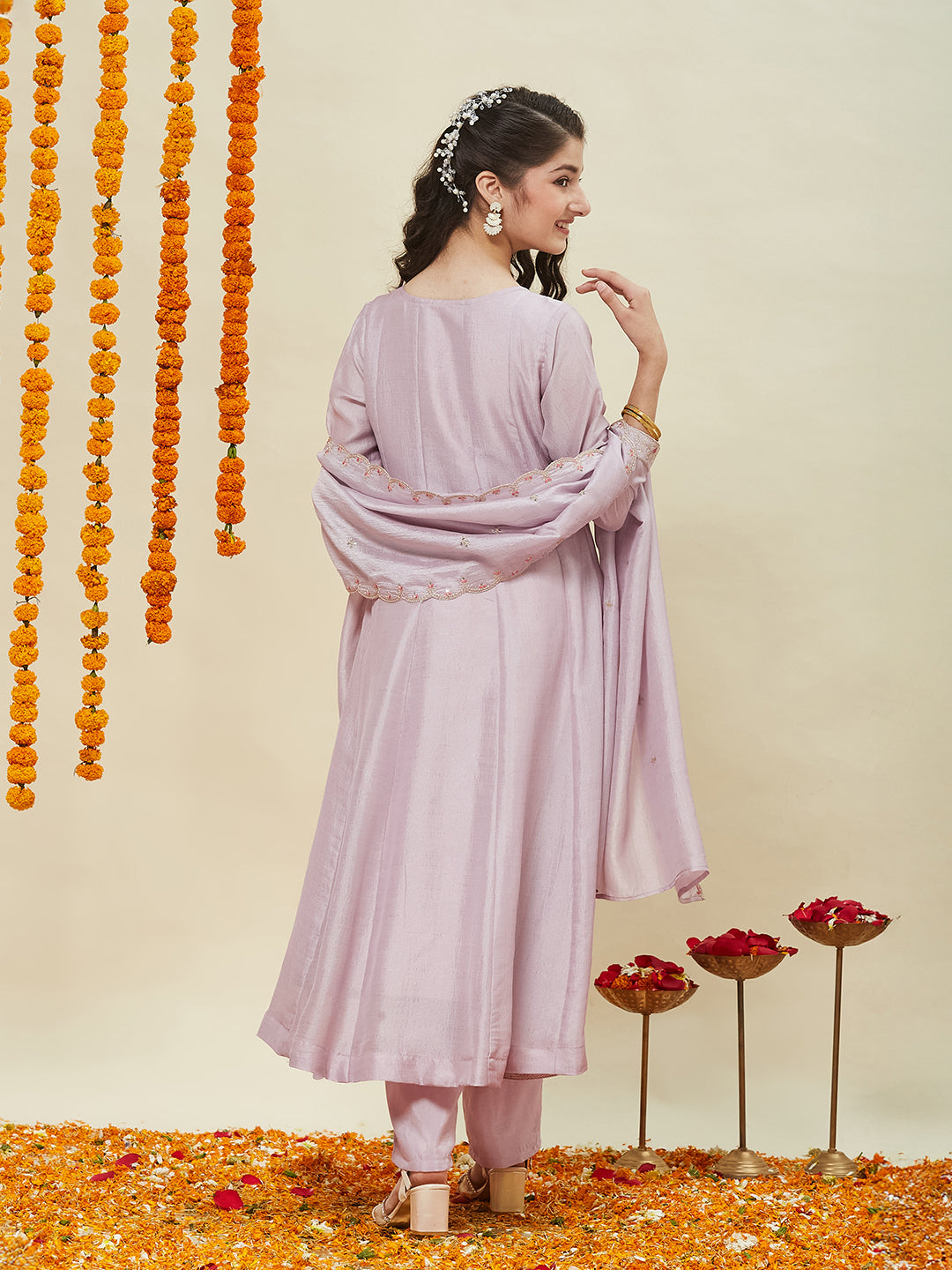 Lavender Silk Embroidered Anarkali Pant & Dupatta Set for Girls