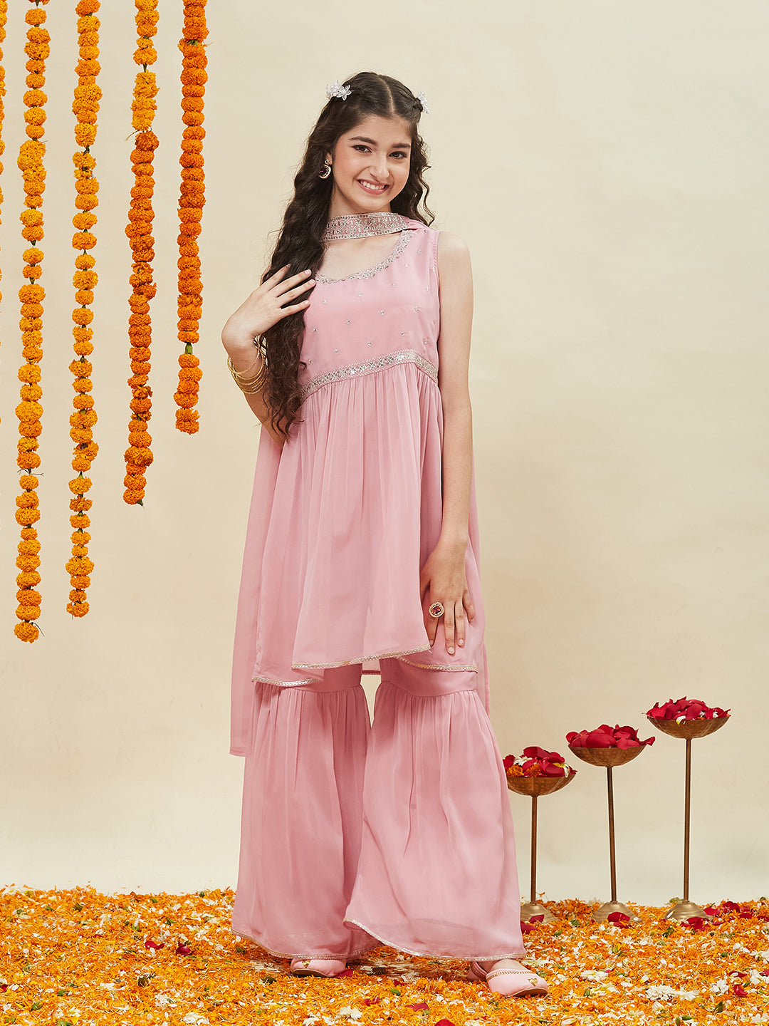 Baby Pink Embroidered Georgette Kurta Sharara & Dupatta for girls | front side full image