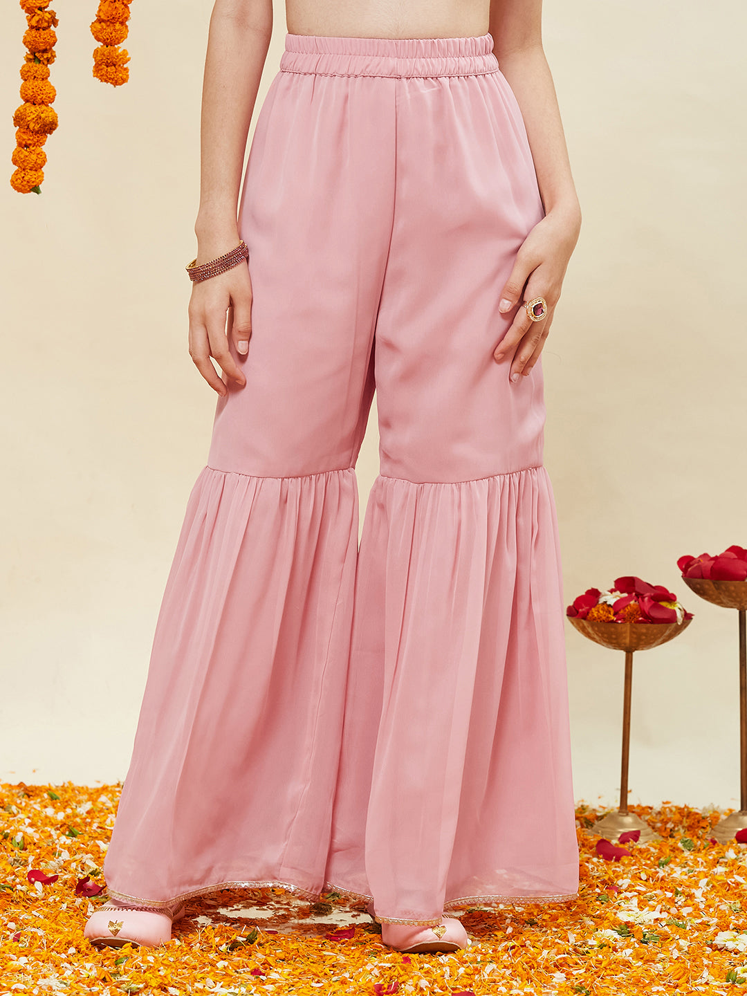 Baby Pink Embroidered Georgette Kurta Sharara & Dupatta for girls | lower side half image