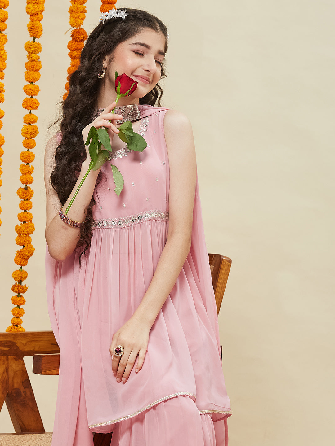 Baby Pink Embroidered Georgette Kurta Sharara & Dupatta for girls | front side half image
