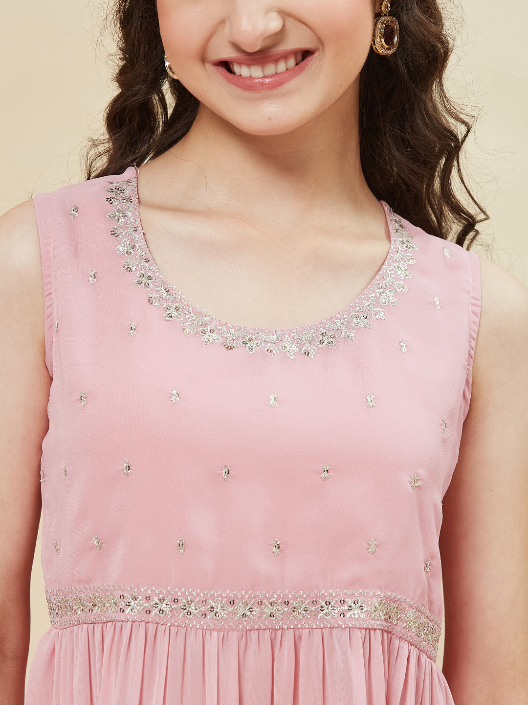 Baby Pink Embroidered Georgette Kurta Sharara & Dupatta for girls | upper side image