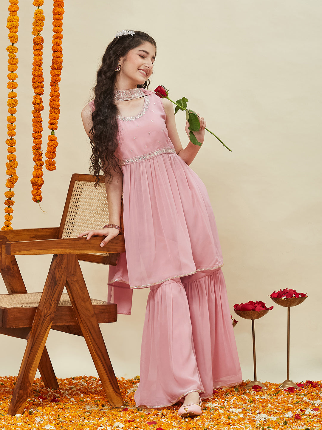 Baby Pink Embroidered Georgette Kurta Sharara & Dupatta for girls