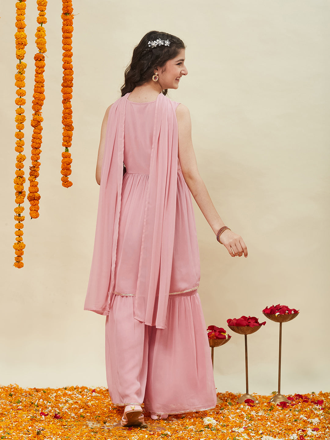 Baby Pink Embroidered Georgette Kurta Sharara & Dupatta for girls | back side full image