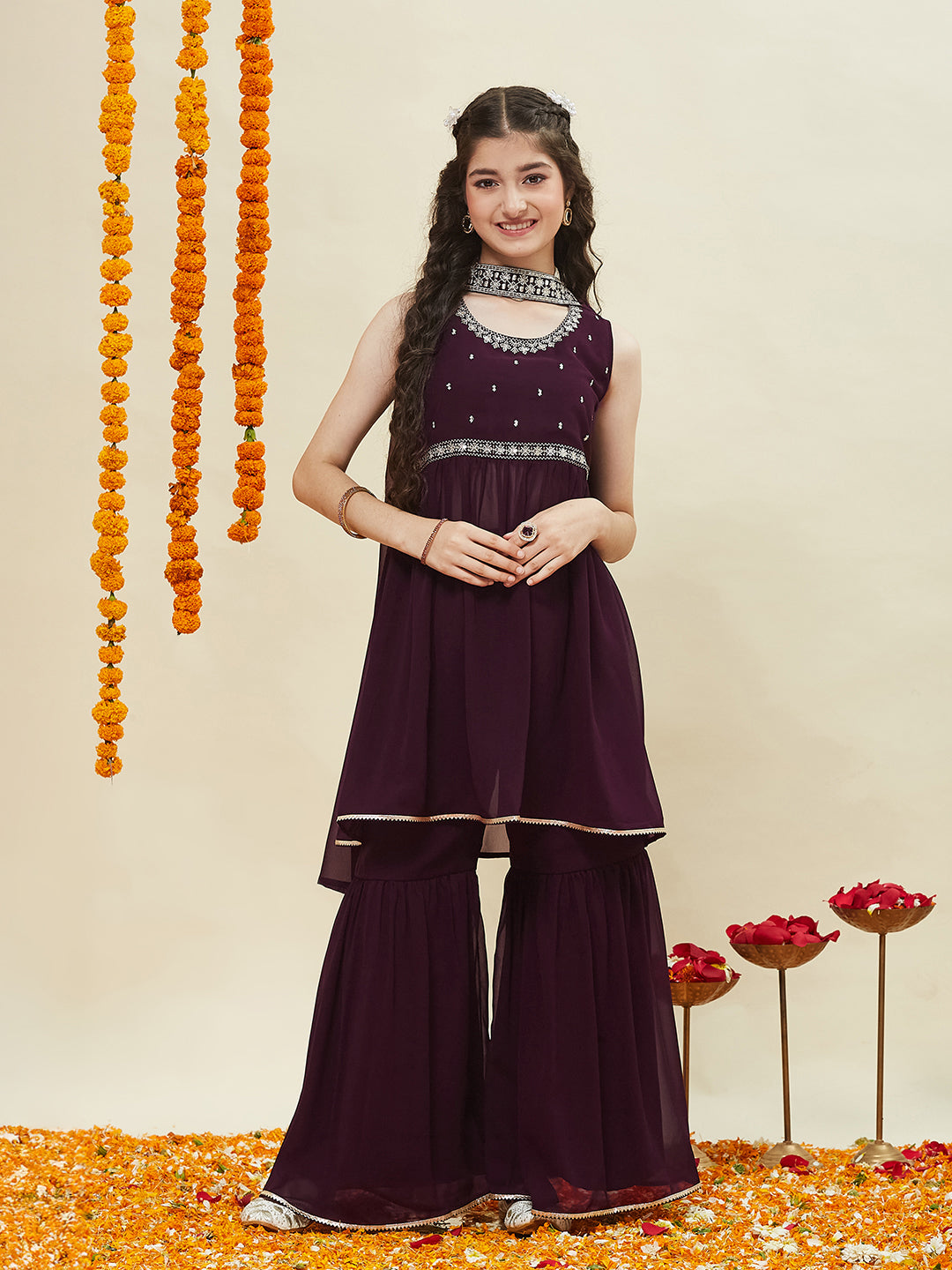 Wine Embroidered Georgette Kurta Sharara & Dupatta for girls |front side full image