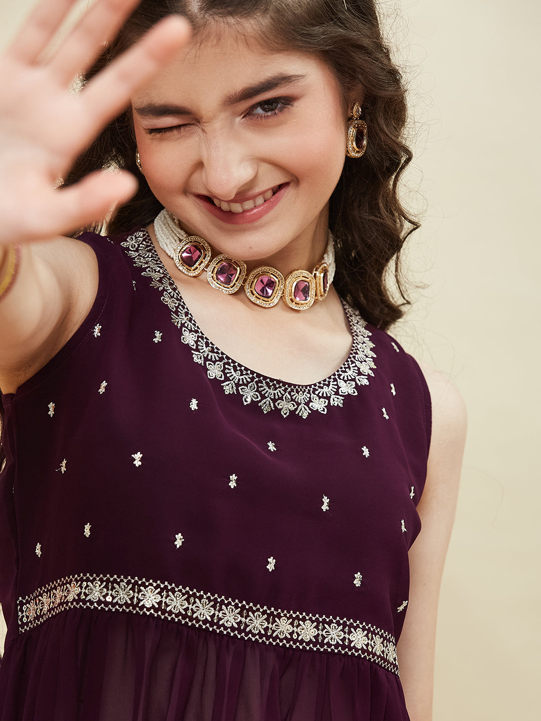 Wine Embroidered Georgette Kurta Sharara & Dupatta for girls | half front side