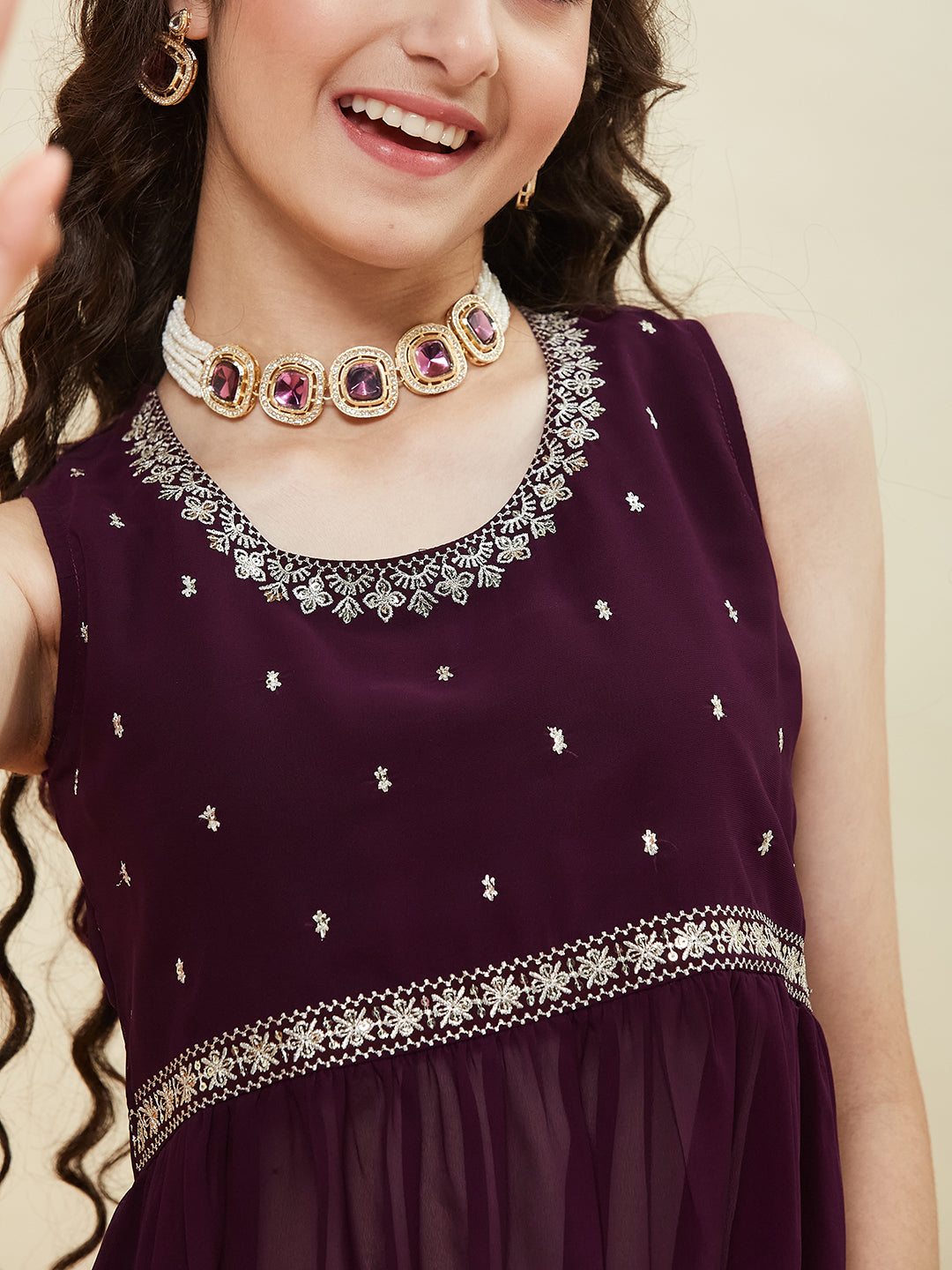 Wine Embroidered Georgette Kurta Sharara & Dupatta for girls | neck side image