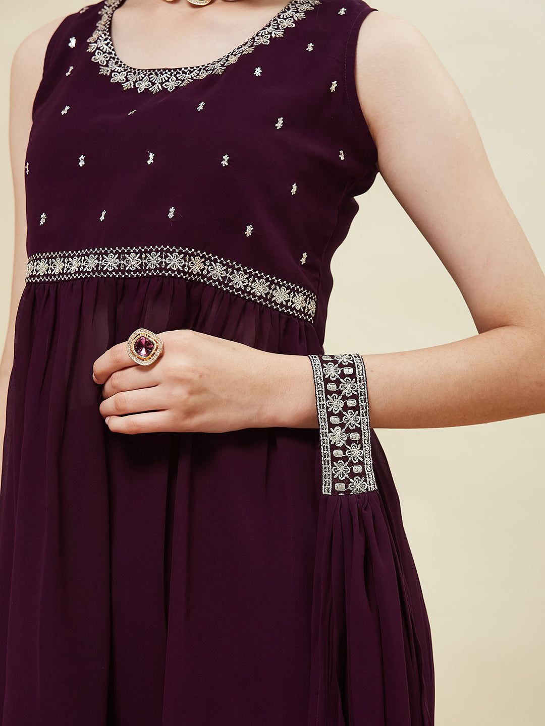 Wine Embroidered Georgette Kurta Sharara & Dupatta for girls | left side dupatta image