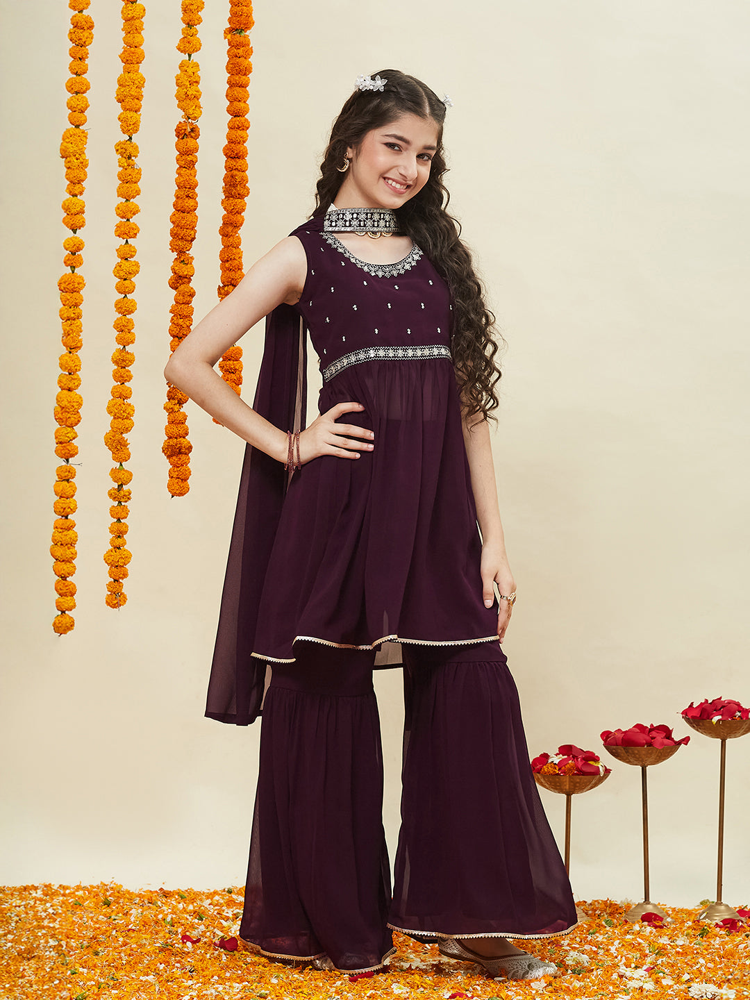 Wine Embroidered Georgette Kurta Sharara & Dupatta for girls | right side full image
