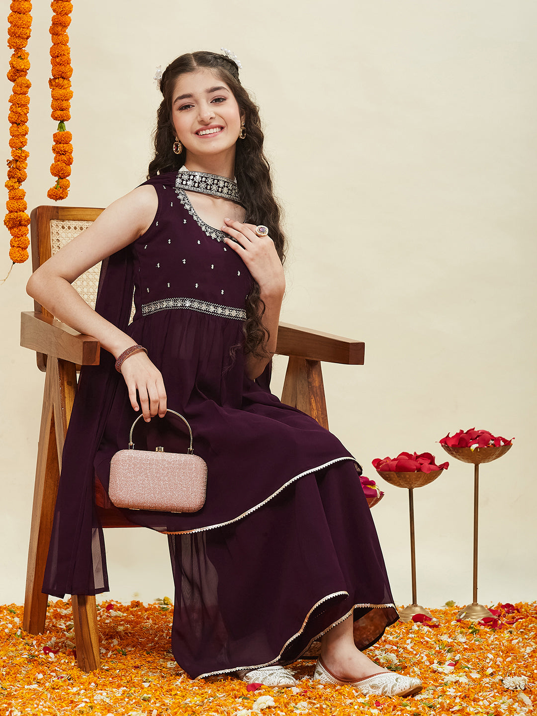 Wine Embroidered Georgette Kurta Sharara & Dupatta for girls | siting image