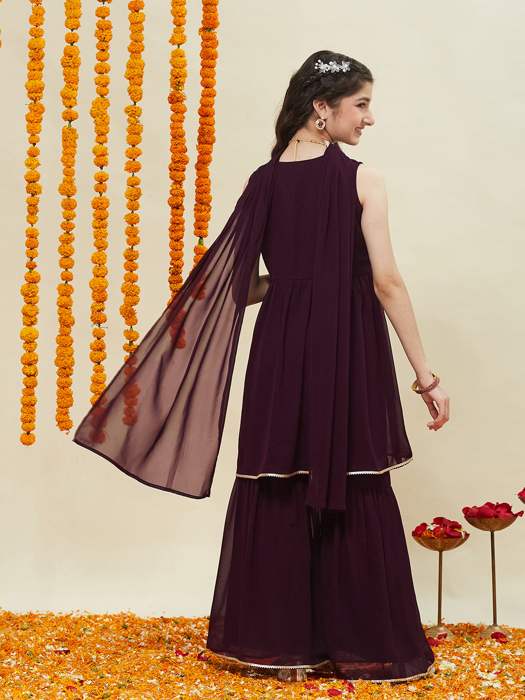 Wine Embroidered Georgette Kurta Sharara & Dupatta for girls | full back side image