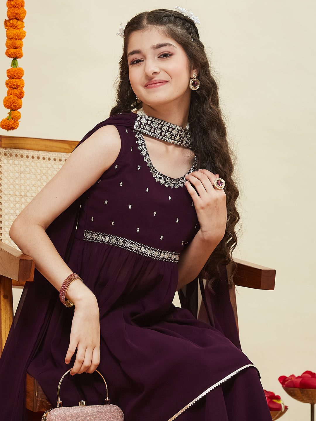 Wine Embroidered Georgette Kurta Sharara & Dupatta for girls | front half image