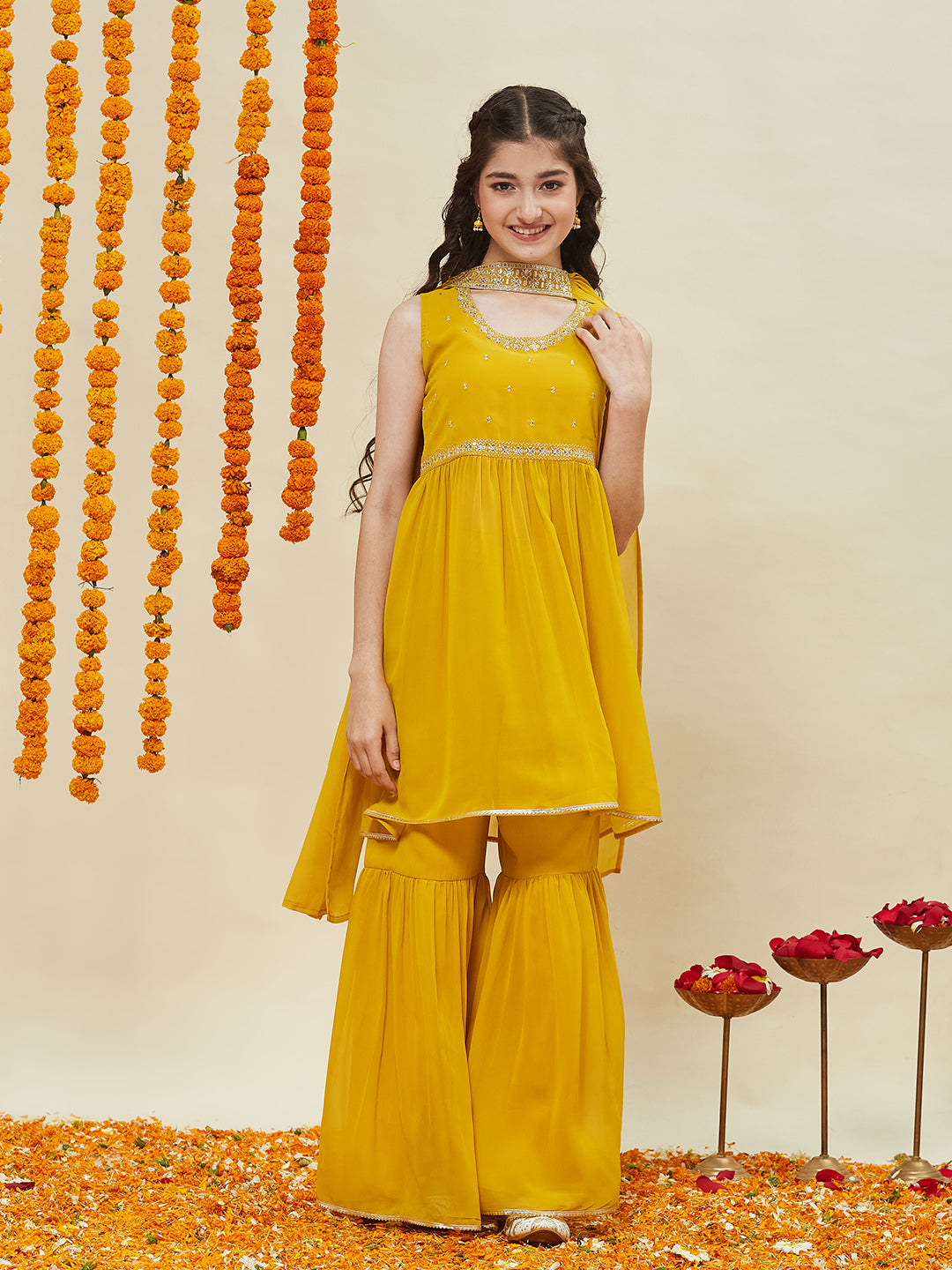 Yellow Embroidered Georgette Kurta Sharara & Dupatta for girls