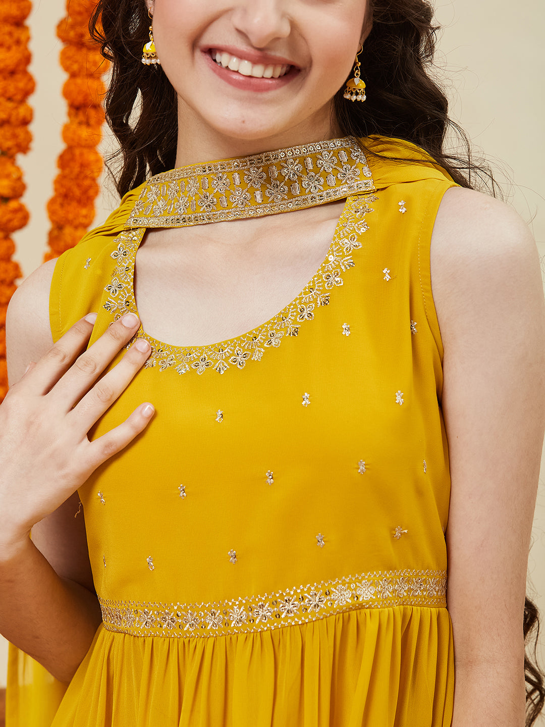 Yellow Embroidered Georgette Kurta Sharara & Dupatta for girls
