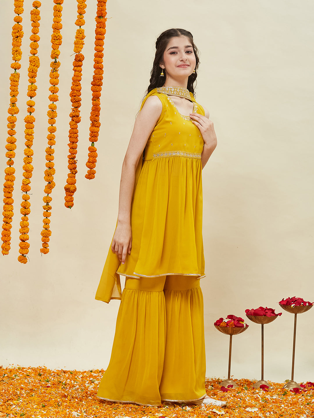 Yellow Embroidered Georgette Kurta Sharara & Dupatta for girls