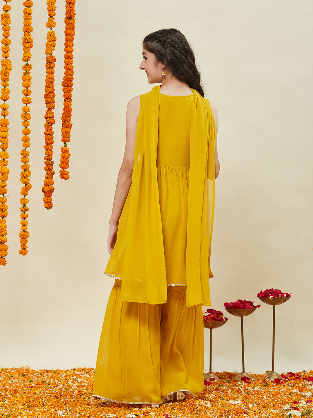 Yellow Embroidered Georgette Kurta Sharara & Dupatta for girls