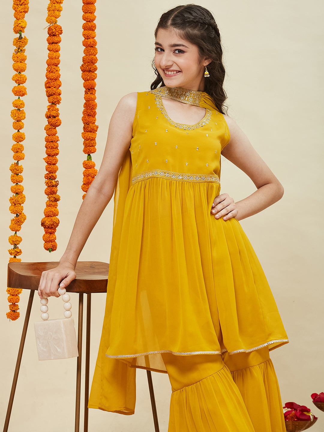 Yellow Embroidered Georgette Kurta Sharara & Dupatta for girls