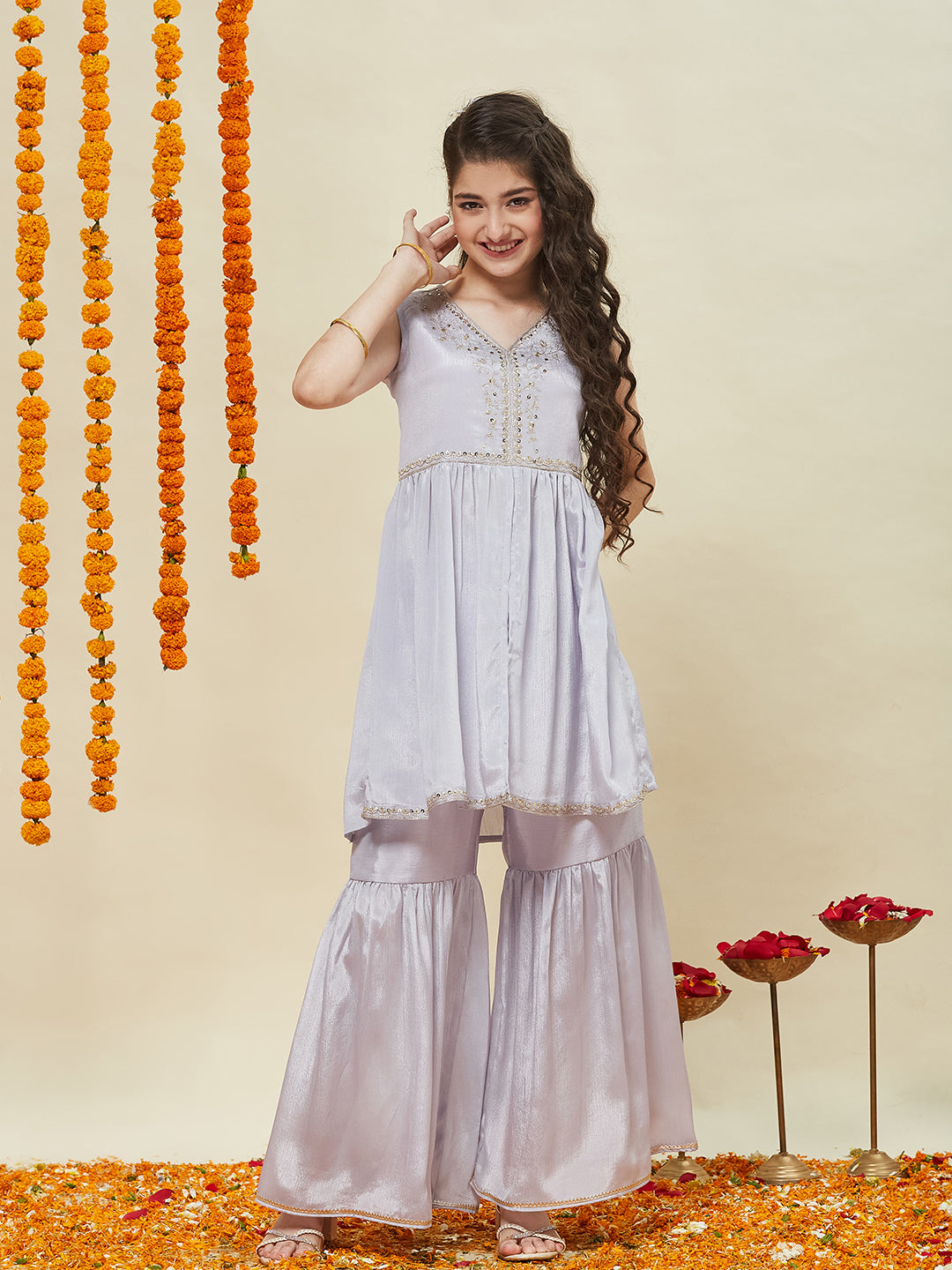 Silver Poly Chinon Embroidered Kurta & Sharara for Girls