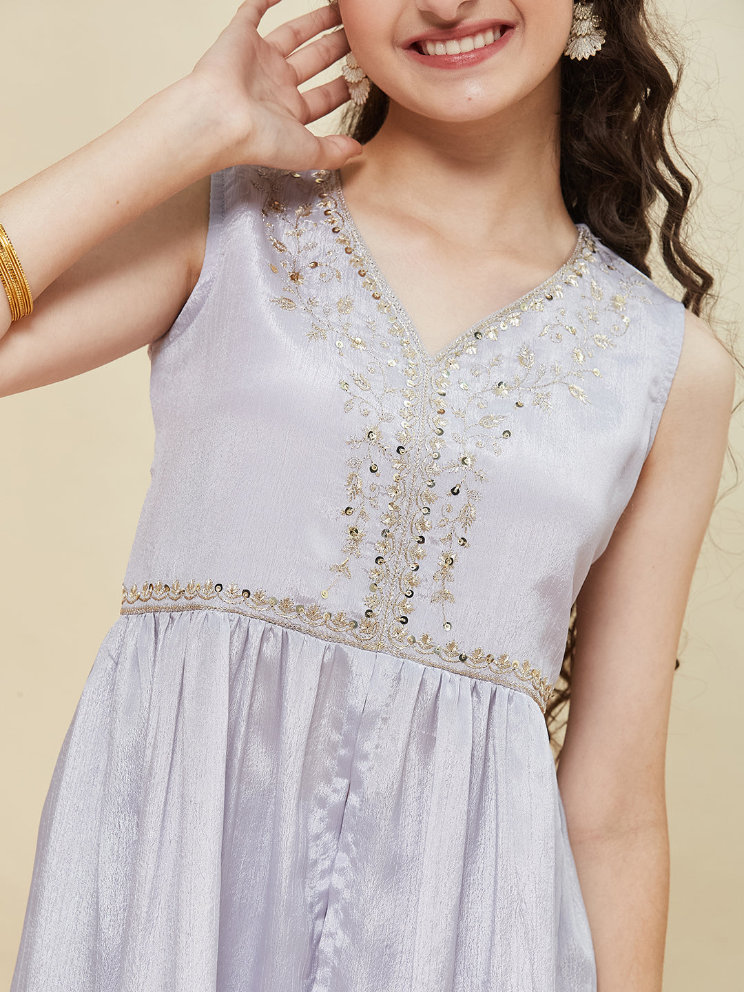 Silver Poly Chinon Embroidered Kurta & Sharara for Girls