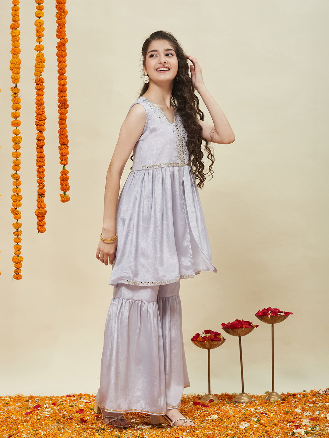 Silver Poly Chinon Embroidered Kurta & Sharara for Girls